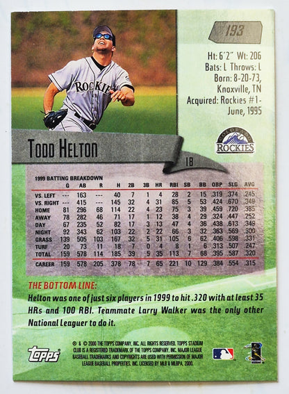 Helton Todd Colorado Rockies 1st Base #193 Topps 2000 Stadium Club Baseball Card