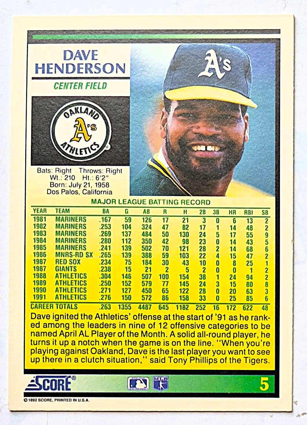 Henderson Dave Oakland Athletics Center Field #5 Score '92 Baseball Card
