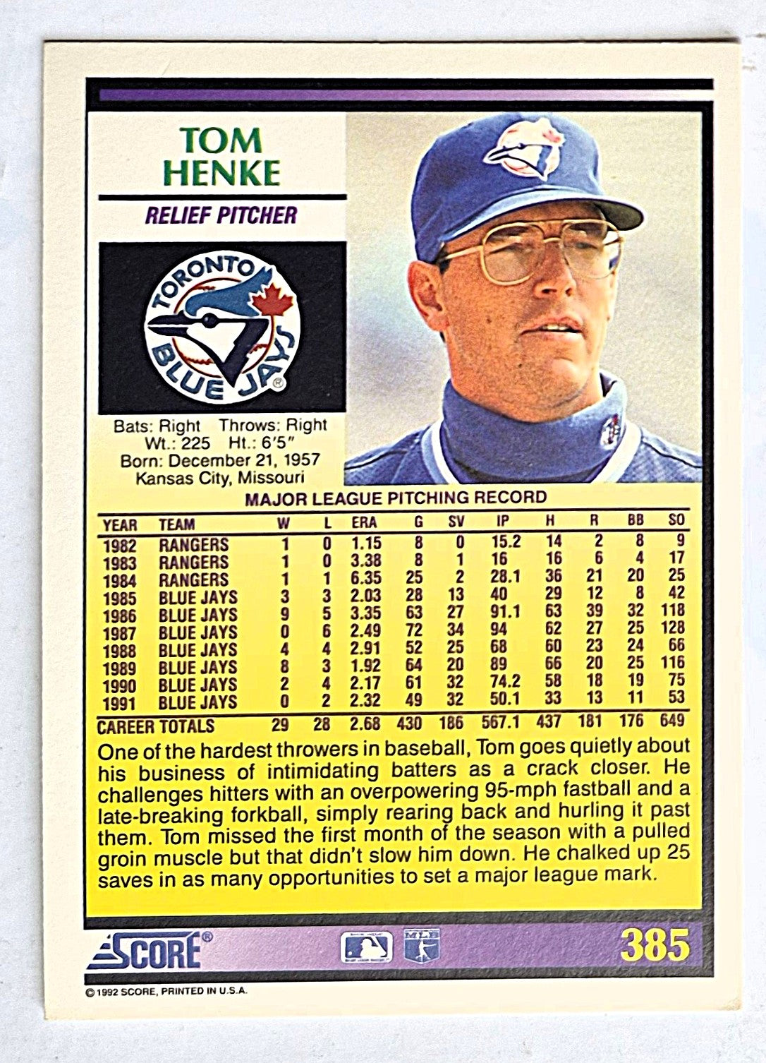 Henke Tom Toronto Blue Jays Relief Pitcher #385 Score '92 Baseball Card