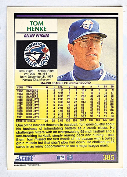 Henke Tom Toronto Blue Jays Relief Pitcher #385 Score '92 Baseball Card