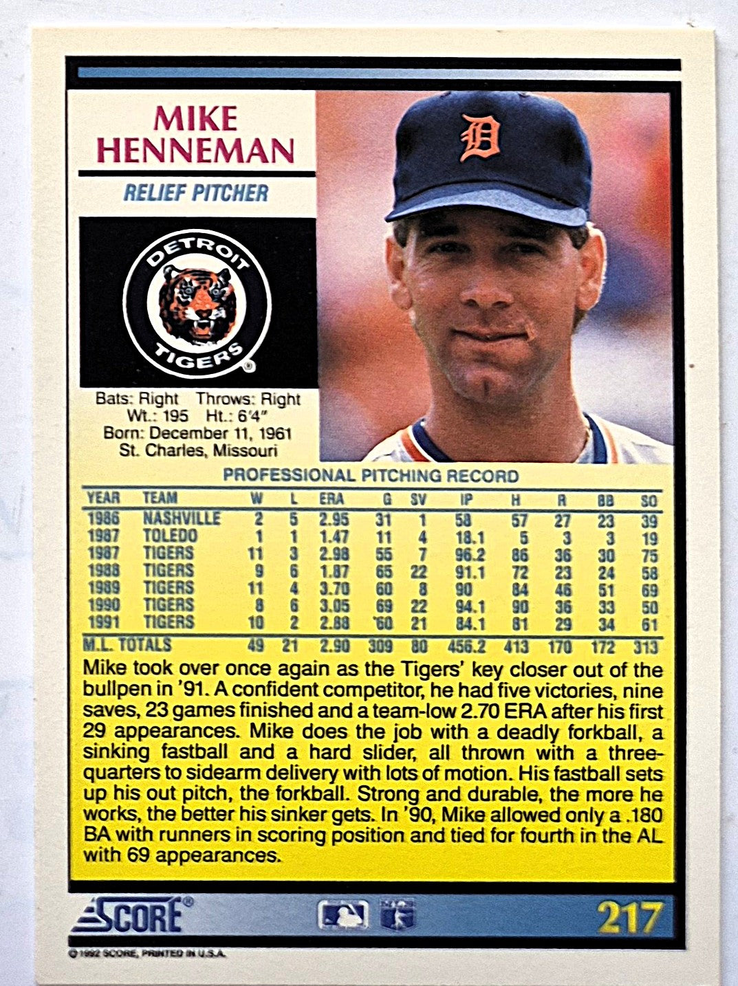 Henneman Mike Detroit Tigers Relief Pitcher #217 Score '92 Baseball Card