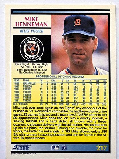 Henneman Mike Detroit Tigers Relief Pitcher #217 Score '92 Baseball Card