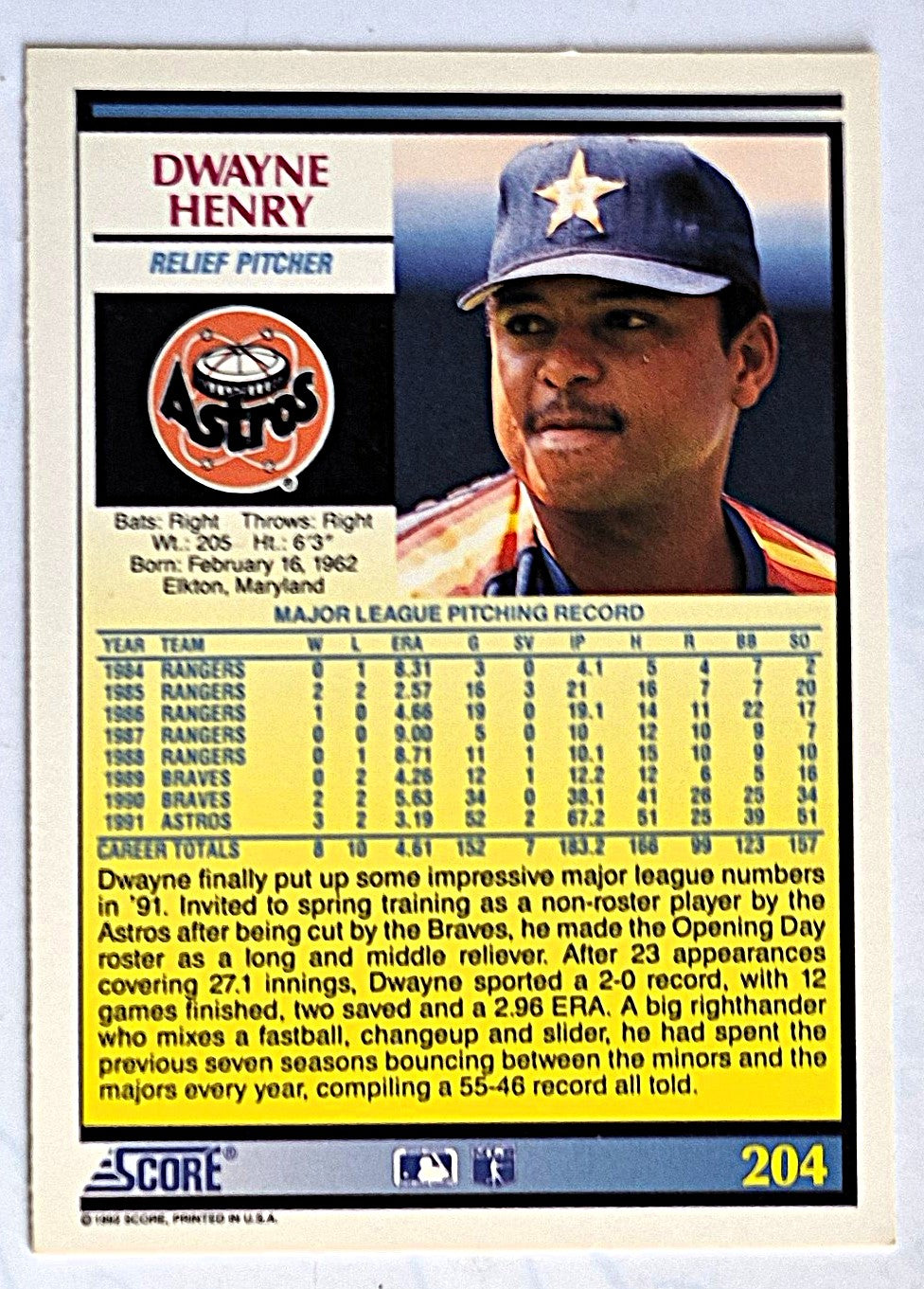 Henry Dwayne Houston Astros Rel Pitcher #204 Score '92 Baseball Card