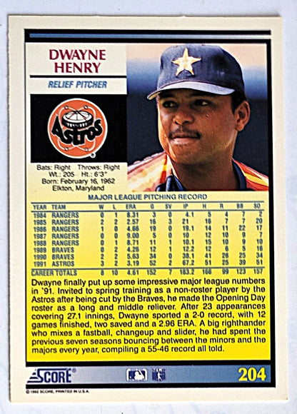 Henry Dwayne Houston Astros Rel Pitcher #204 Score '92 Baseball Card