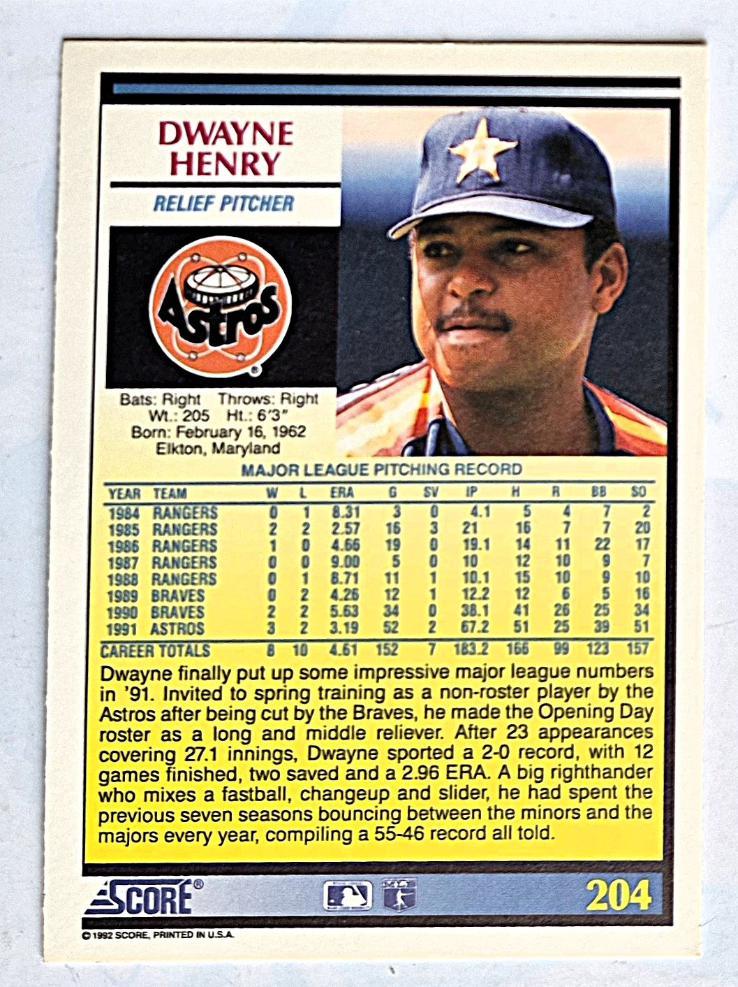 Henry Dwayne Houston Astros Rel Pitcher #204 Score '92 Baseball Card