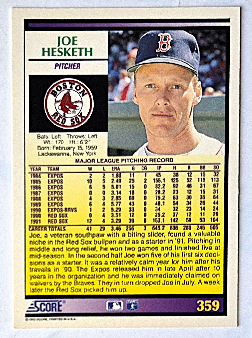 Hesketh Joe Boston Red Sox Pitcher #359 Score '92 Baseball Card