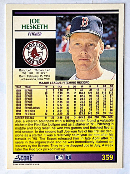 Hesketh Joe Boston Red Sox Pitcher #359 Score '92 Baseball Card