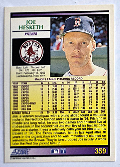 Hesketh Joe Boston Red Sox Pitcher #359 Score '92 Baseball Card