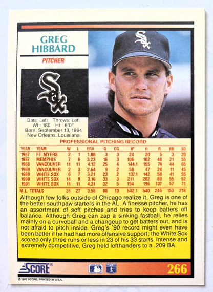 Hibbard Greg Chicago White Sox Pitcher #266 Score '92 Baseball Card