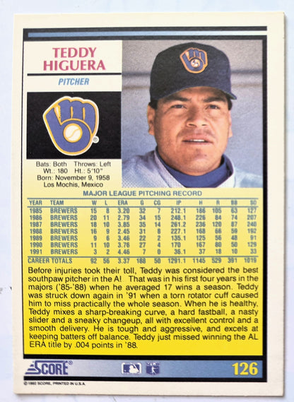 Higuera Teddy Milwaukee Brewers Pitcher #126 Score '92 Baseball Card