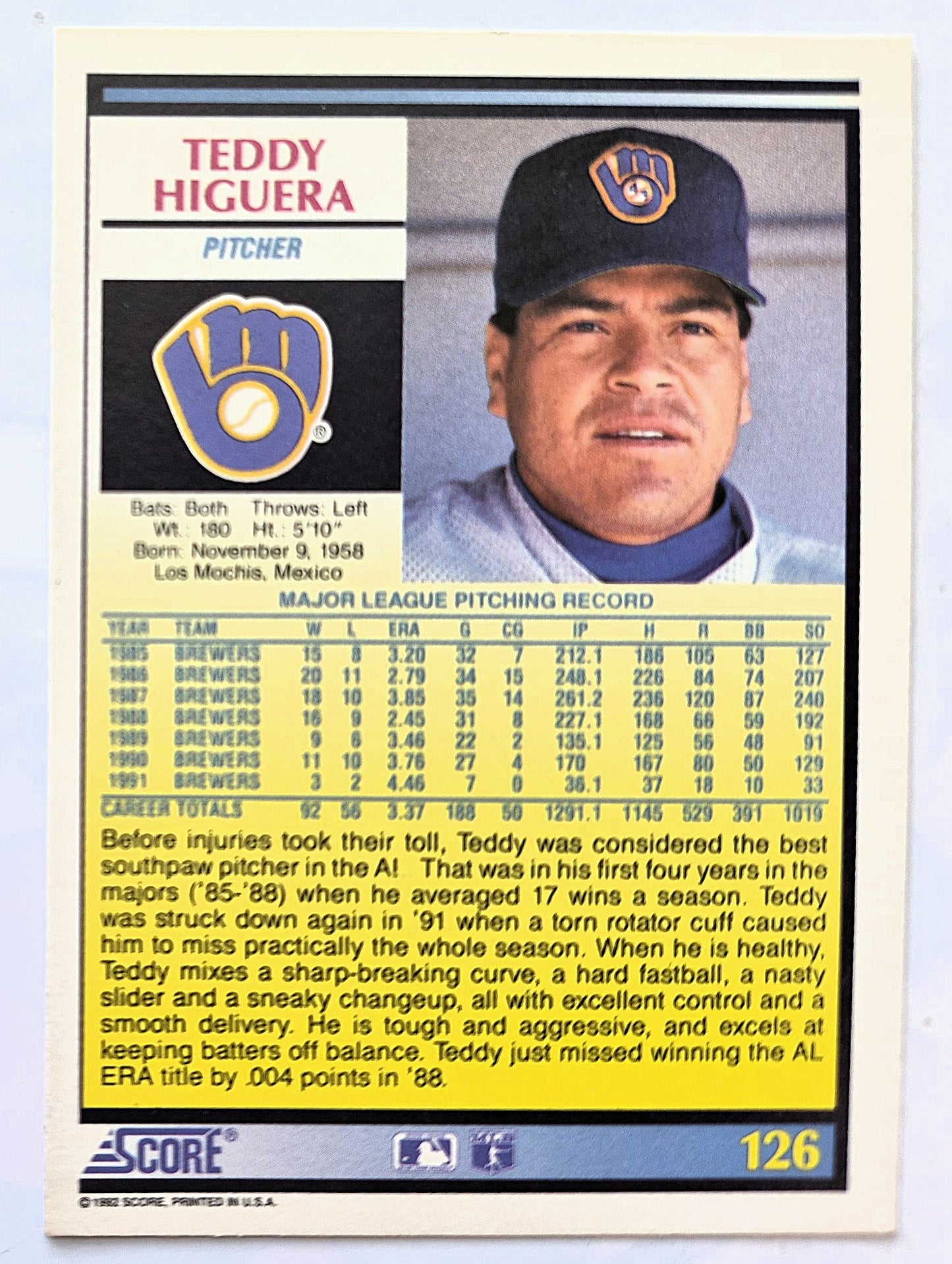 Higuera Teddy Milwaukee Brewers Pitcher #126 Score '92 Baseball Card
