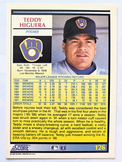 Higuera Teddy Milwaukee Brewers Pitcher #126 Score '92 Baseball Card