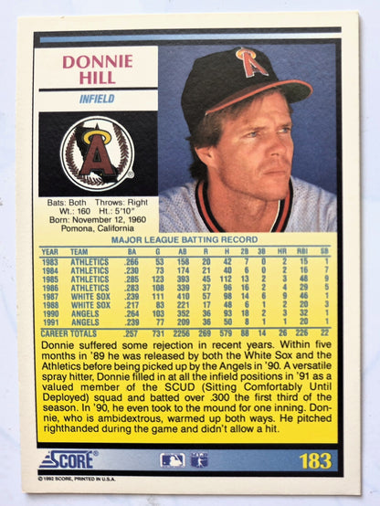 Hill Donnie California Angels Infield #183 Score '92 Baseball Card