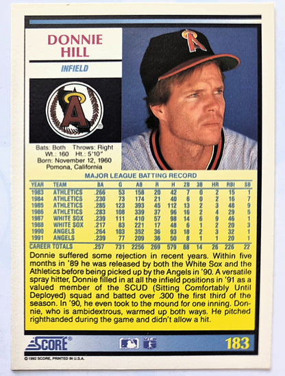 Hill Donnie California Angels Infield #183 Score '92 Baseball Card
