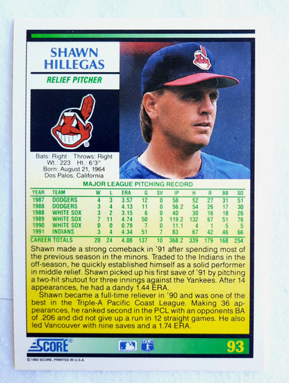 Score '92 Shawn Hillegas Cleveland Indians Relief Pitcher #93 Baseball Card Near Mint