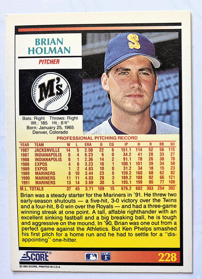 Holman Brian Seattle Mariners Pitcher #228 Score '92 Baseball Card