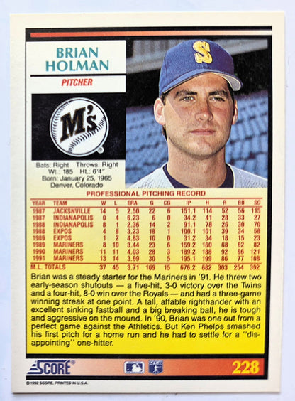 Holman Brian Seattle Mariners Pitcher #228 Score '92 Baseball Card