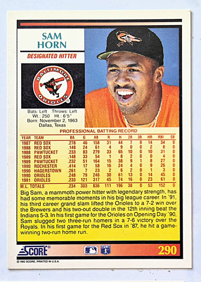Score '92 Sam Horn Designated Hitter Baltimore Orioles #290 Baseballkarte Near Mint