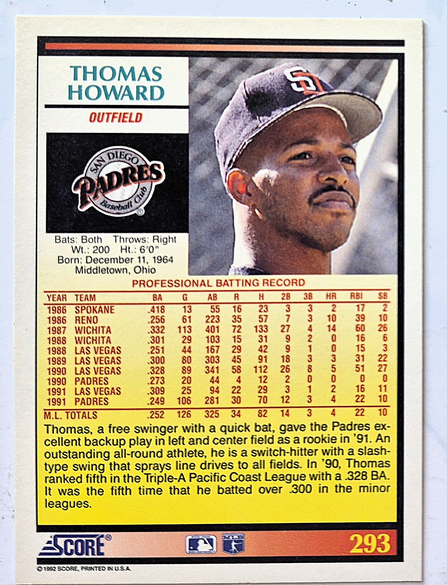 Howard Thomas San Diego Padres Outfield #293 Score '92 Baseball Card
