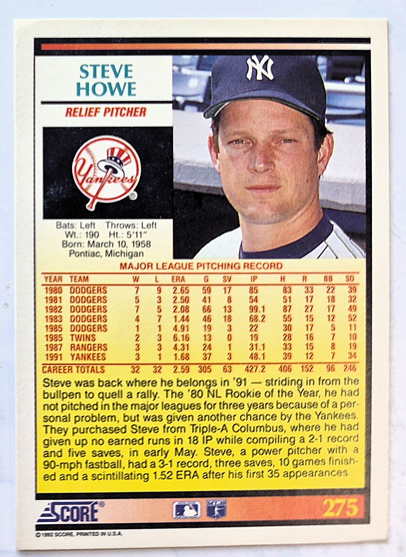 Howe Steve New York Yankees Relief Pitcher #275 Score '92 Baseball Card