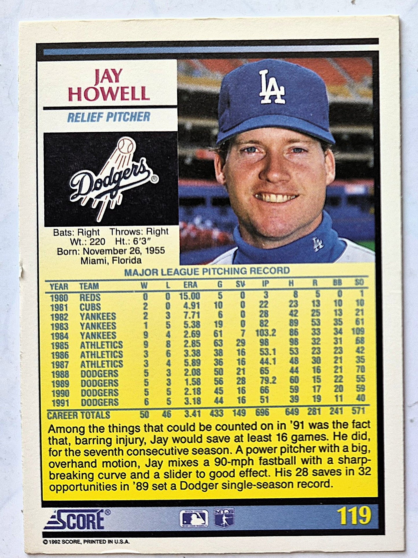 Howell Jay Los Angeles Dodgers Relief Pitcher #119 Score '92 Baseball Card