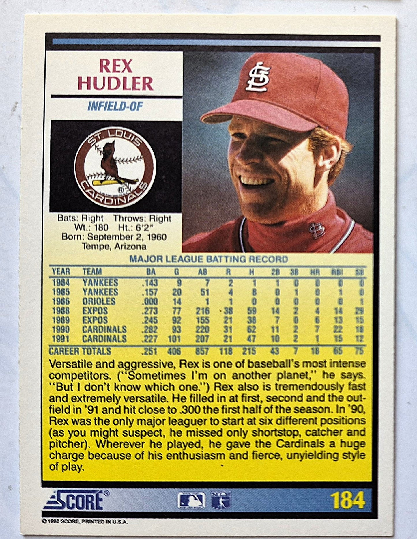 Hudler Rex St. Louis Cardinals Infield - OF #184 Score '92 Baseball Card