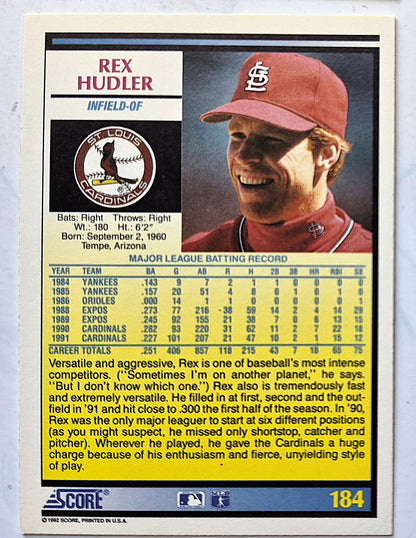 Hudler Rex St. Louis Cardinals Infield - OF #184 Score '92 Baseball Card