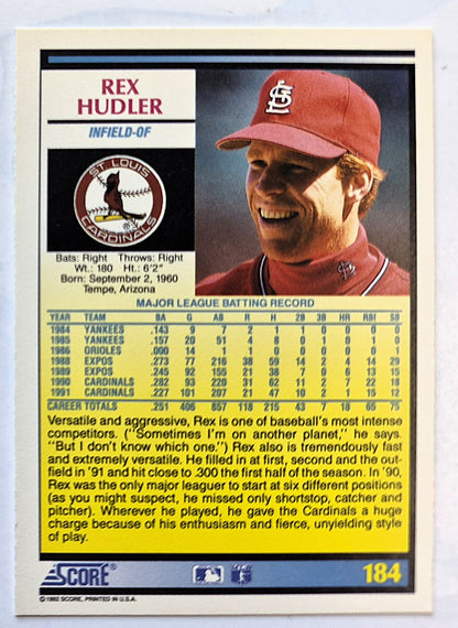 Hudler Rex St. Louis Cardinals Infield - OF #184 Score '92 Baseball Card