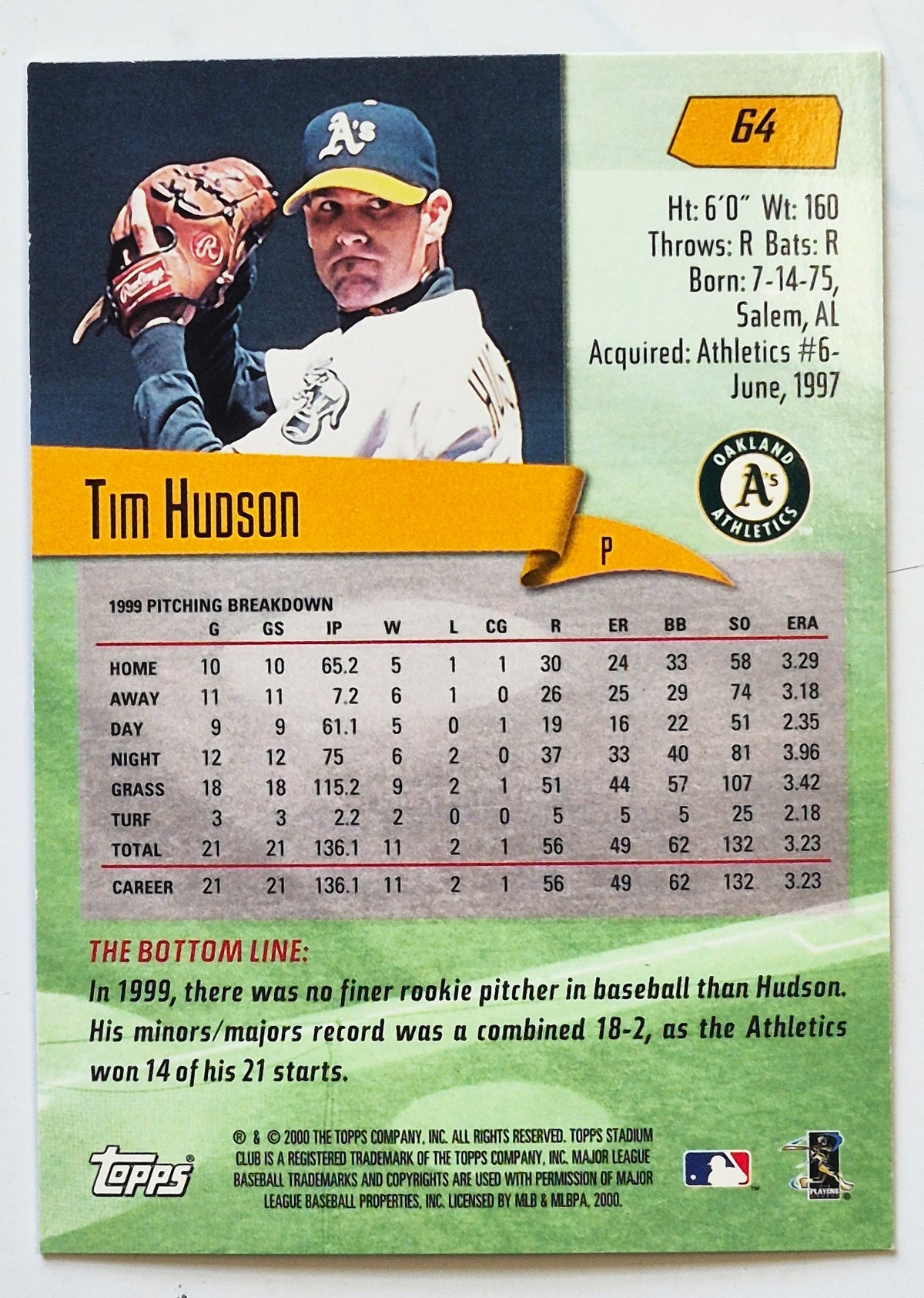 Hudson Tim Oakland Athletics Pitcher #64 Topps 2000 Stadium Club Baseball Card