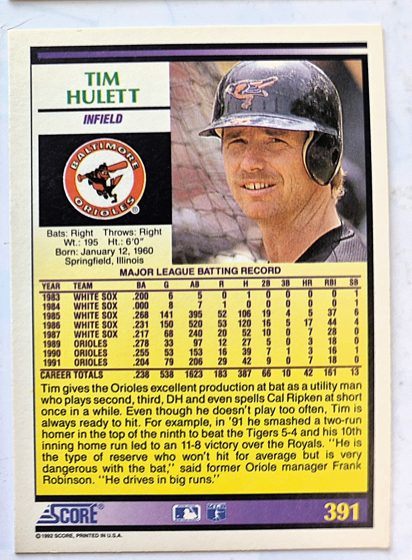 Hulett Tim Baltimore Orioles Infield #391 Score '92 Baseball Card