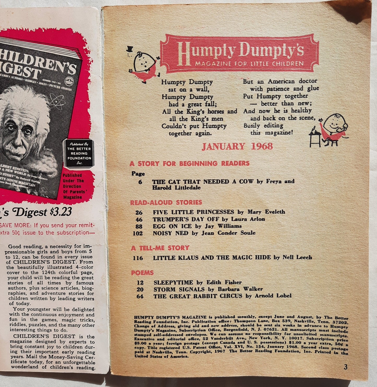 Humpty Dumpty Magazine for Little Children: Egg on Ice (Good, January 1968, PBk, 122 pages, The Better Reading Foundation)