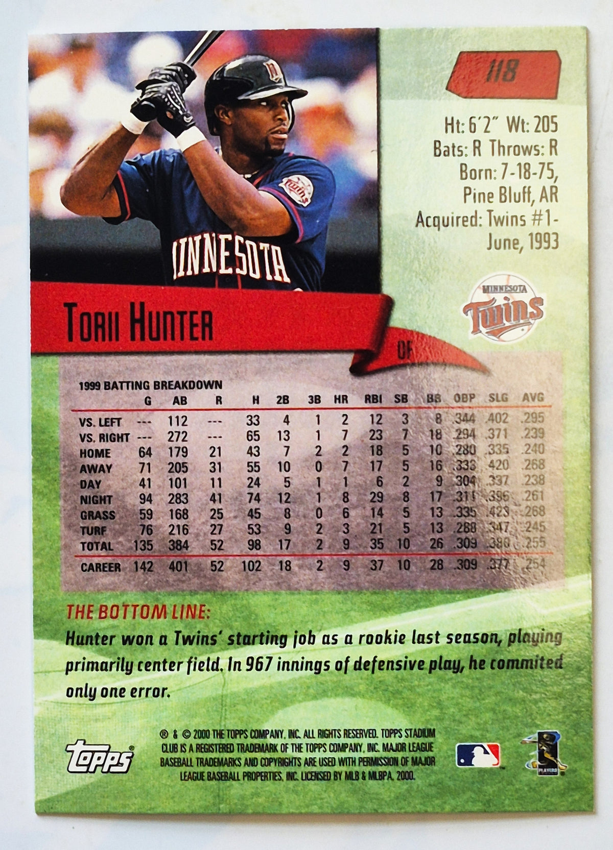 Hunter Torii Minnesota Twins Outfield #118 Topps 2000 Stadium Club Baseball Card