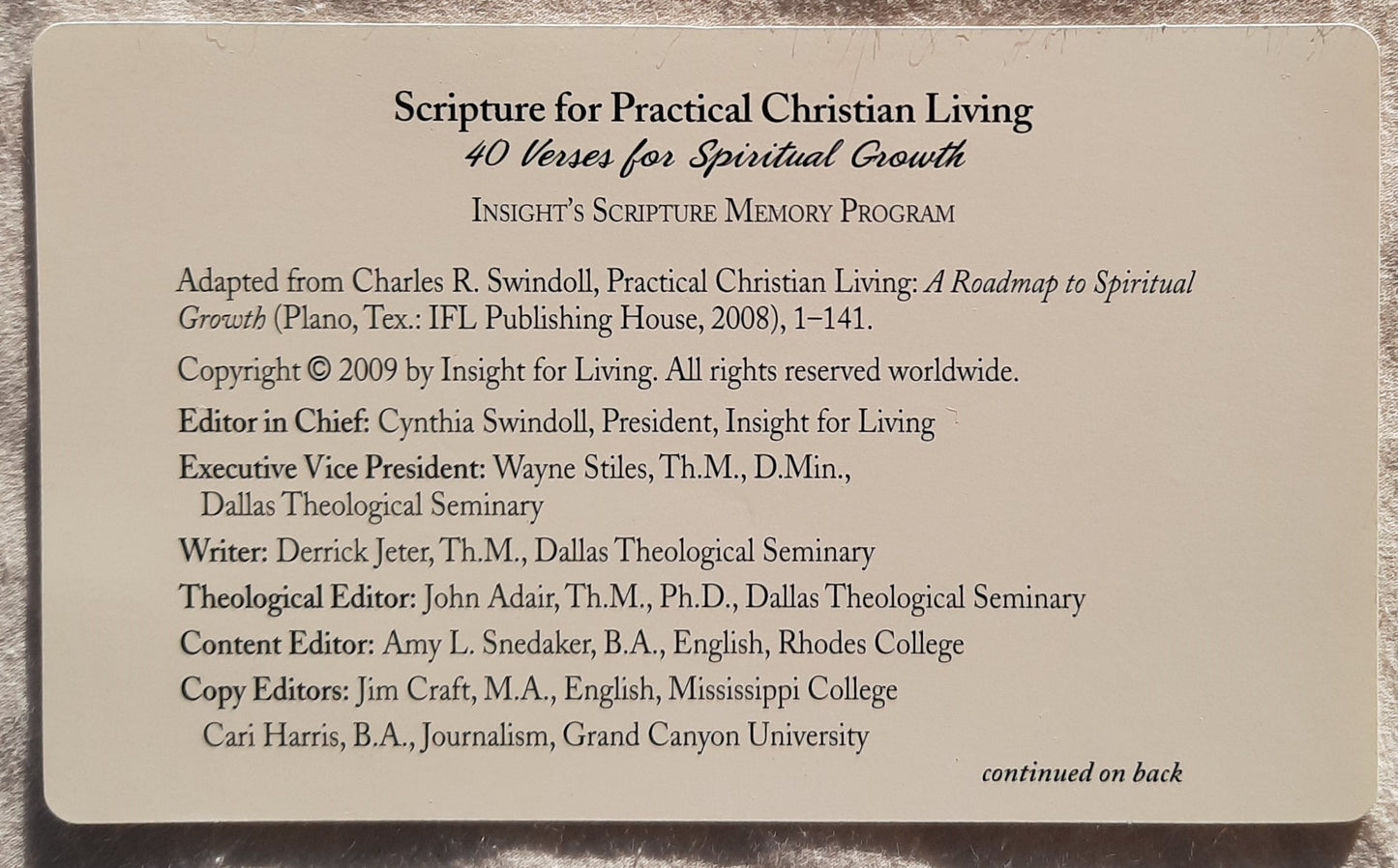 Scripture for Practical Christian Living by Charles Swindoll (Like new, 2009, Cardstock, 40 cards, Insight for Living