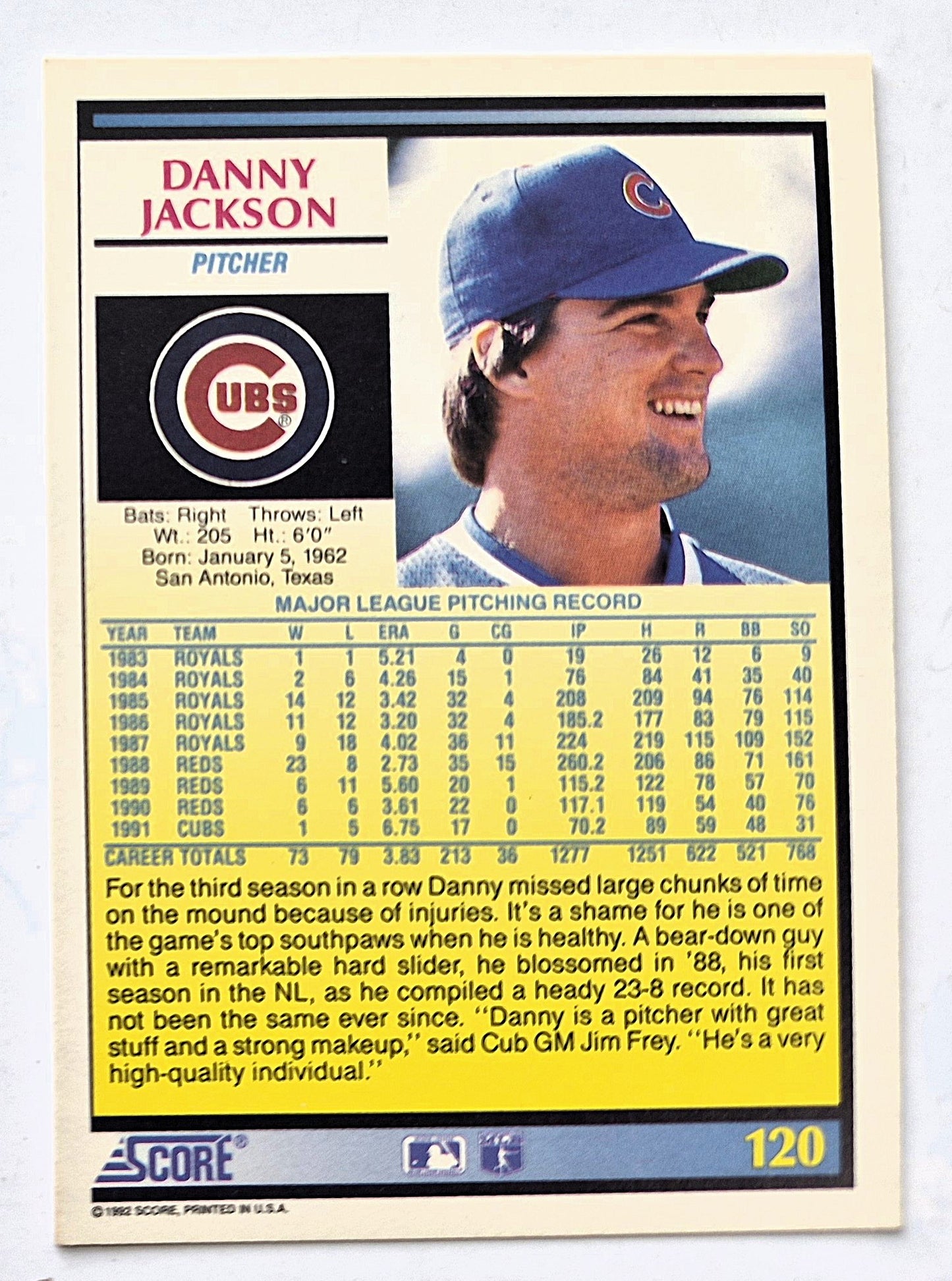 Jackson Danny Chicago Cubs Pitcher #120 Score '92 Baseball Card