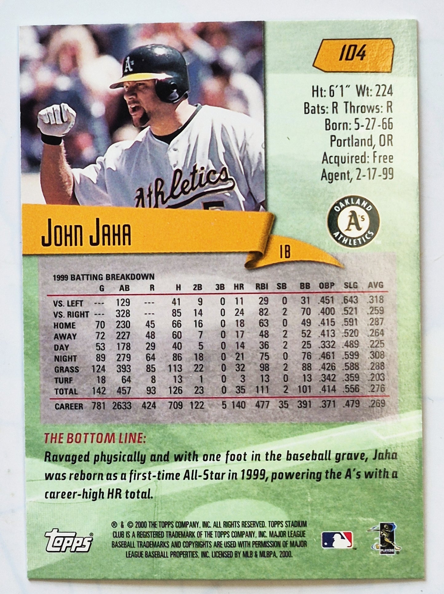 Jaha John Oakland Athletics #104 Topps 2000 Stadium Club Baseball Card