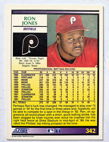 Jones Ron Philadelphia Phillies Outfield #342 Score '92 Baseball Card