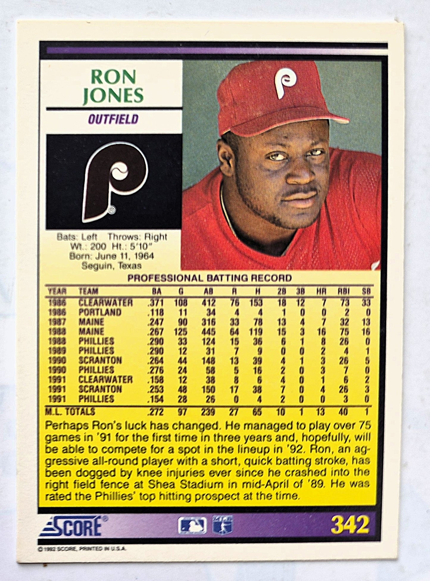 Jones Ron Philadelphia Phillies Outfield #342 Score '92 Baseball Card
