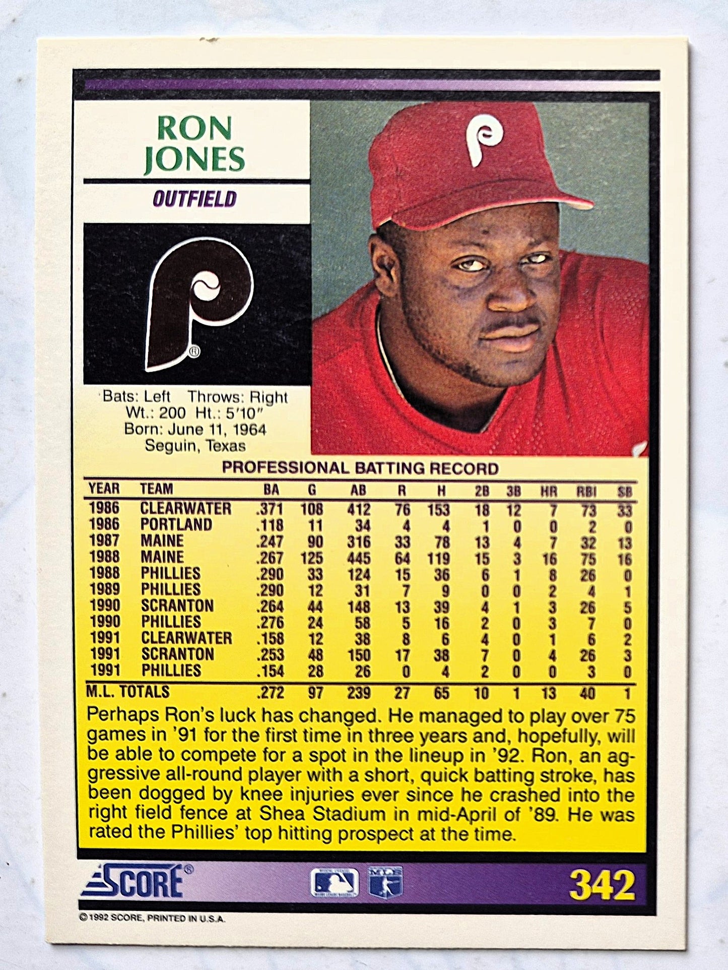 Jones Ron Philadelphia Phillies Outfield #342 Score '92 Baseball Card