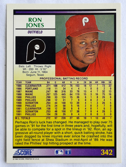 Score '92 Ron Jones Philadelphia Phillies Outfield #342 Baseball Card Near Mint