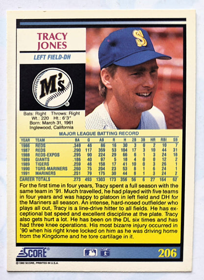 Jones Tracy Seattle Mariners Left Field -DH #206 Score '92 Baseball Card