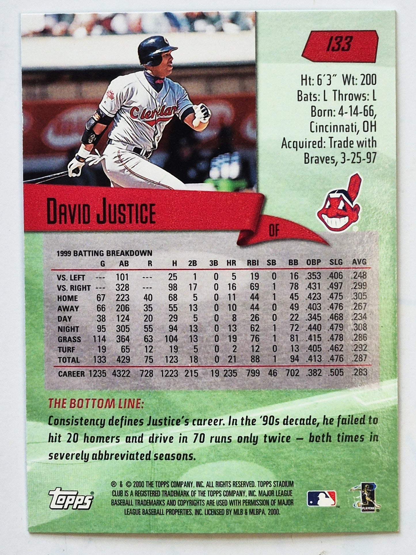 2000 Stadium Club David Justice Cleveland Indians #133 Baseballkarte TOPPS