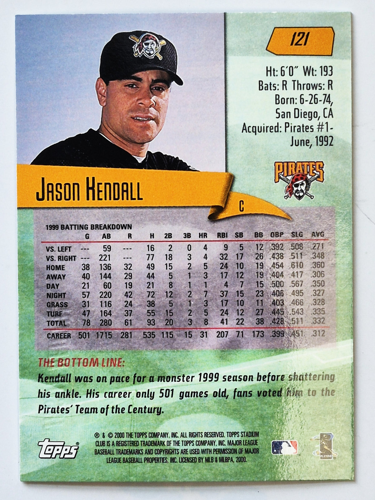 2000 Stadium Club Jason Kendall Pittsburgh Pirates #121 Baseballkarte TOPPS