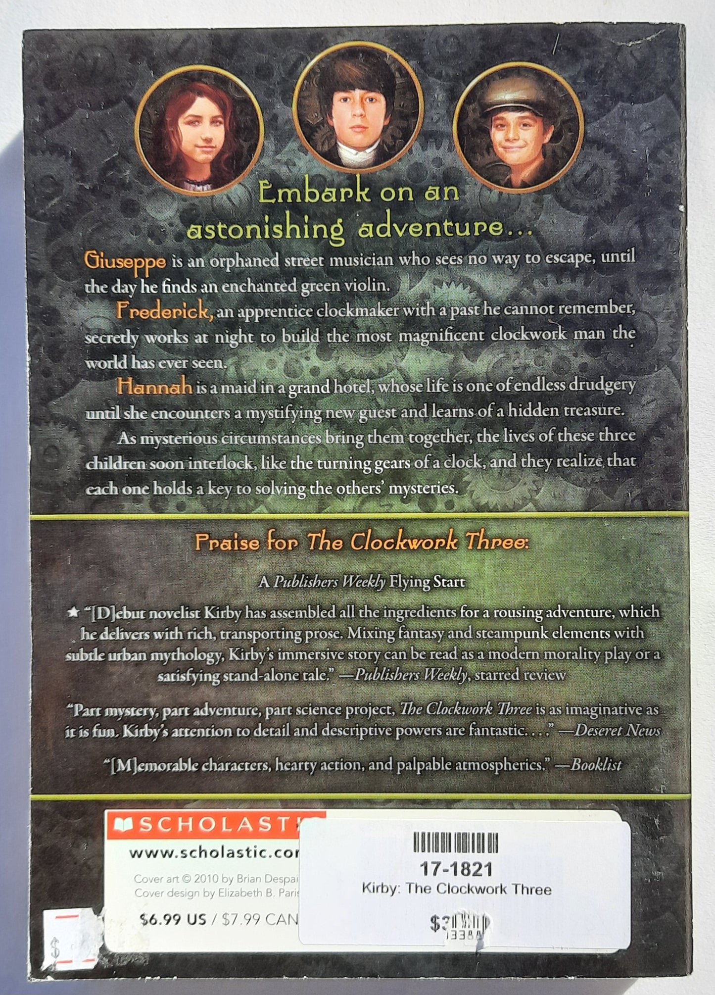 The Clockwork Three by Matthew J. Kirby (Very good, 2011, Pbk, 400 pages, Scholastic)