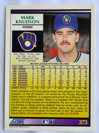 Score '92 Mark Knudson Pitcher Milwaukee Brewers #373 Baseball Card Near Mint