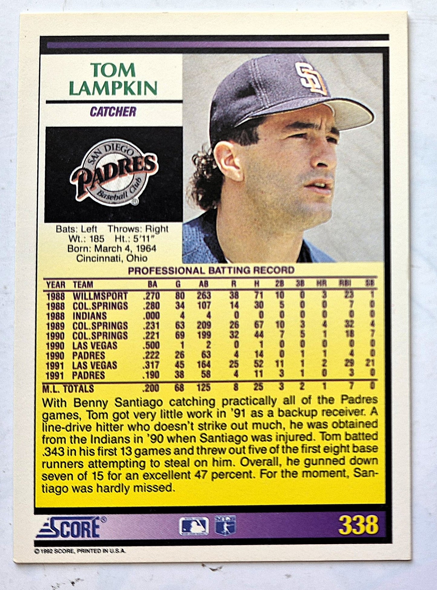 Lampkin Tom San Diego Padres Catcher #338 Score '92 Baseball Card