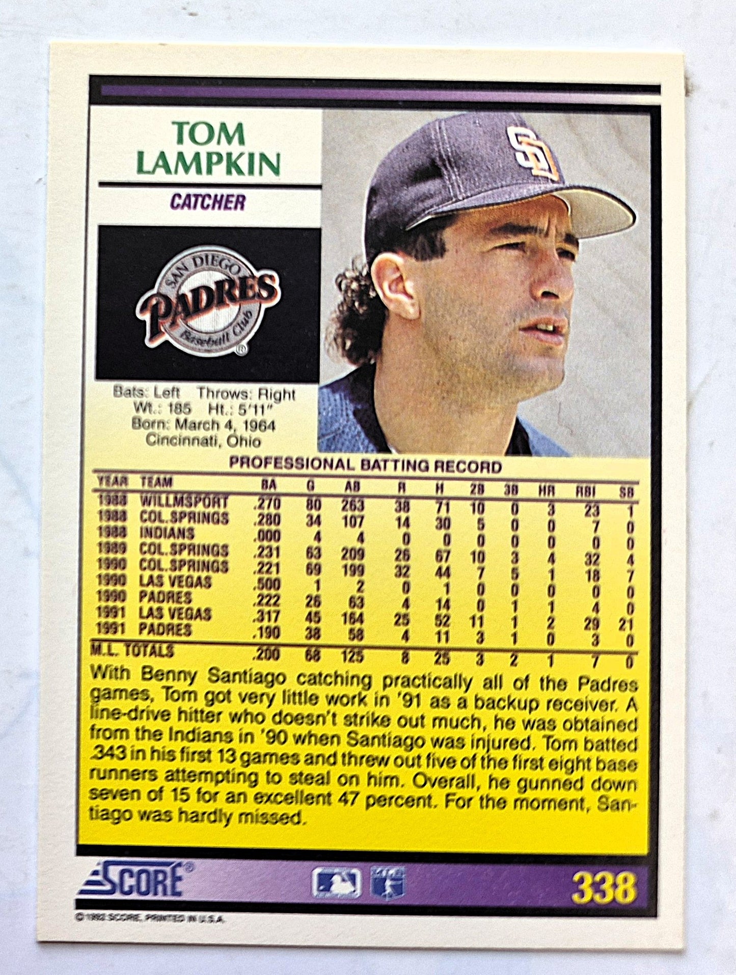 Lampkin Tom San Diego Padres Catcher #338 Score '92 Baseball Card