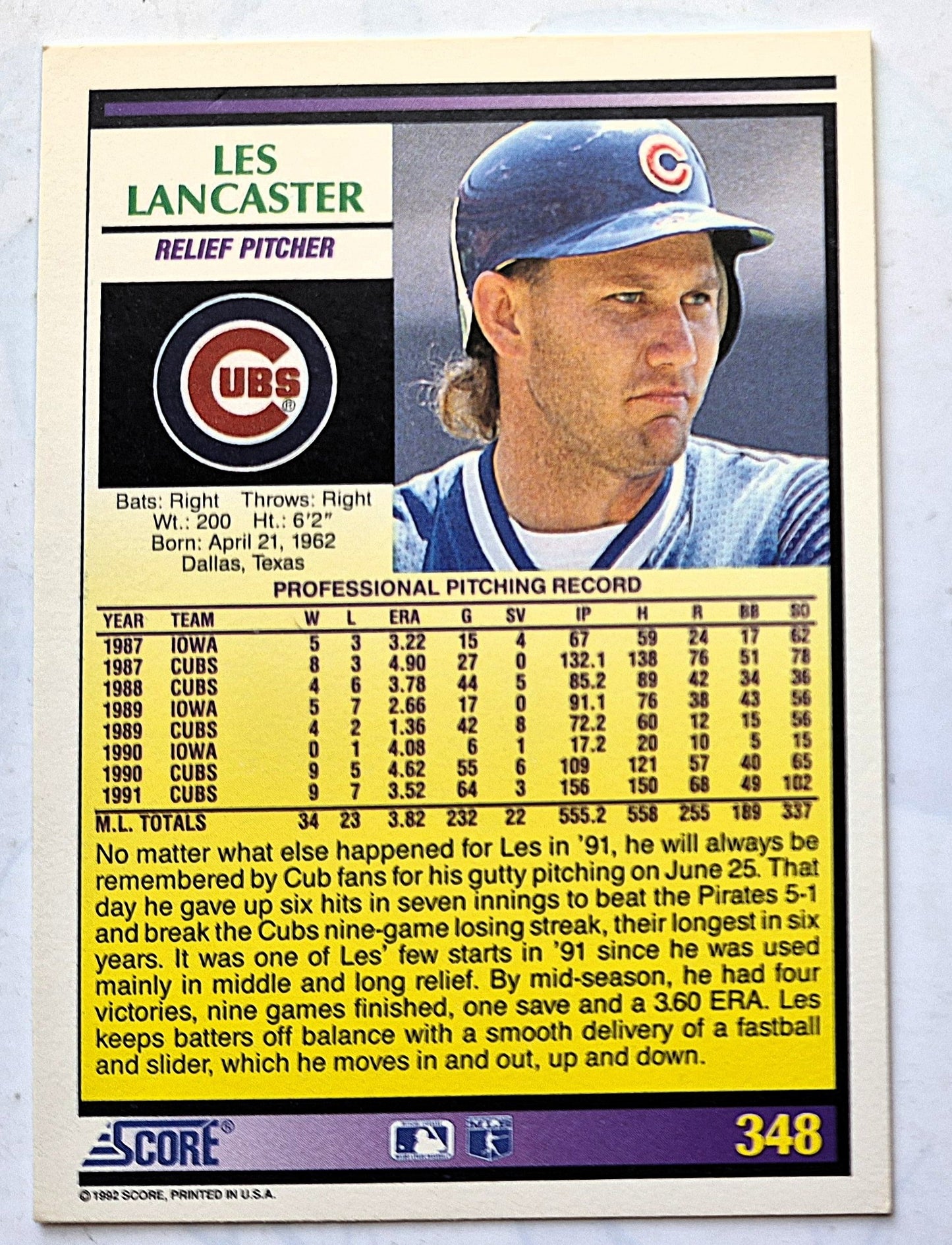 Bewertung '92 Les Lancaster Chicago Cubs Relief Pitcher #348 Baseballkarte Fast Neuwertig