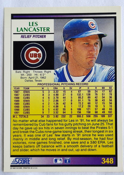 Score '92 Les Lancaster Chicago Cubs Relief Pitcher #348 Baseball Card Near Mint