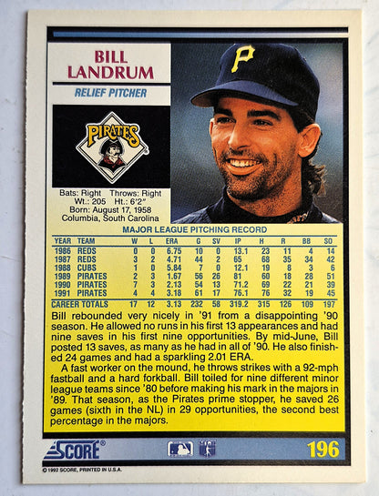 Landrum Bill Pittsburgh Pirates Relief Pitcher #196 Score '92 Baseball Card