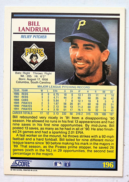 Landrum Bill Pittsburgh Pirates Relief Pitcher #196 Score '92 Baseball Card